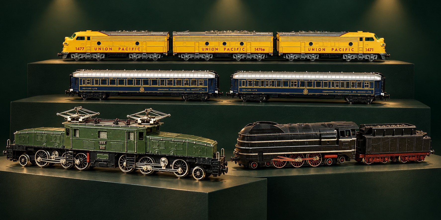 KI-Darstellung ausgewählter Modelle: grünes Krokodil, schwarze Dampflokomotive, Union-Pacific-Garnitur und blaue Orient-Express-Wagen